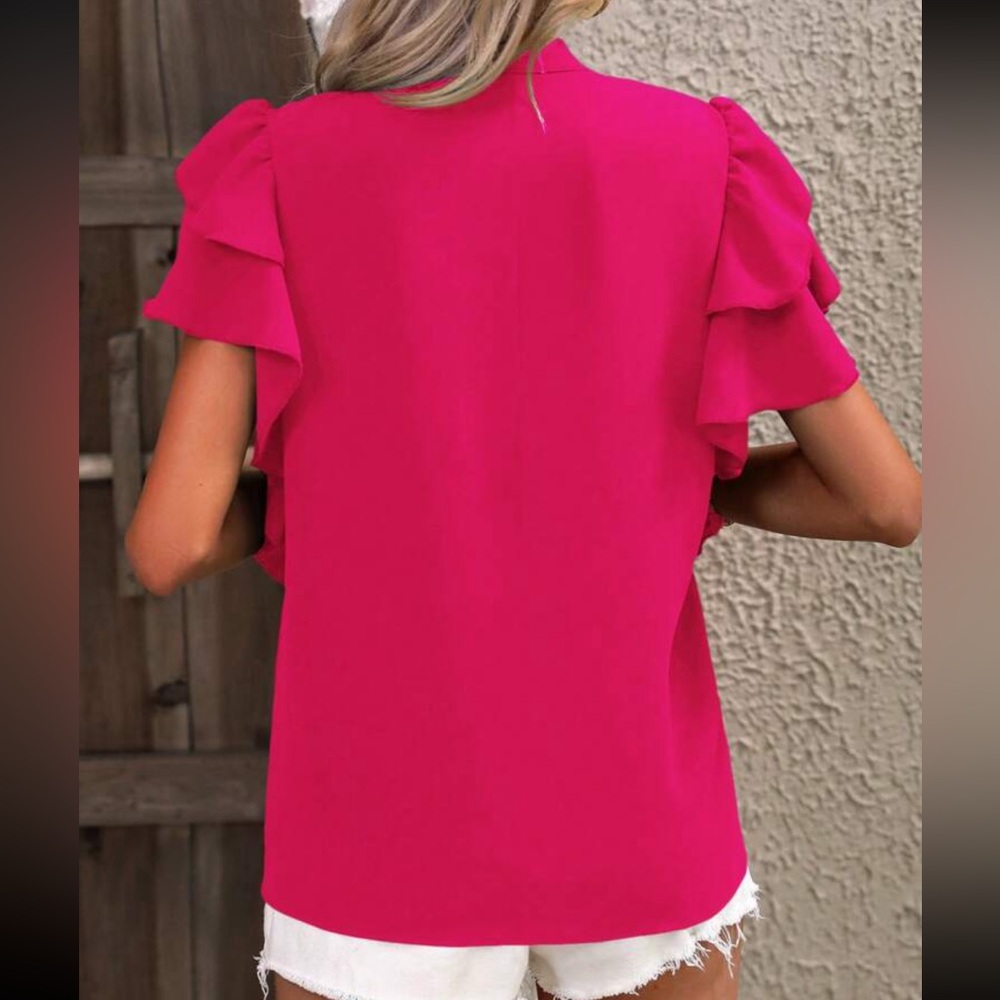 Boho Butterfly Flutter Sleeve Key Hole Tie Back Top Blouse - Picture 2 of 4